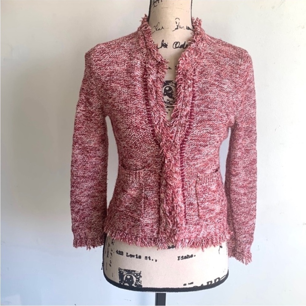 Anthropologie Angle Of The North Eliot Fringe Red White Cardigan Sweater Small